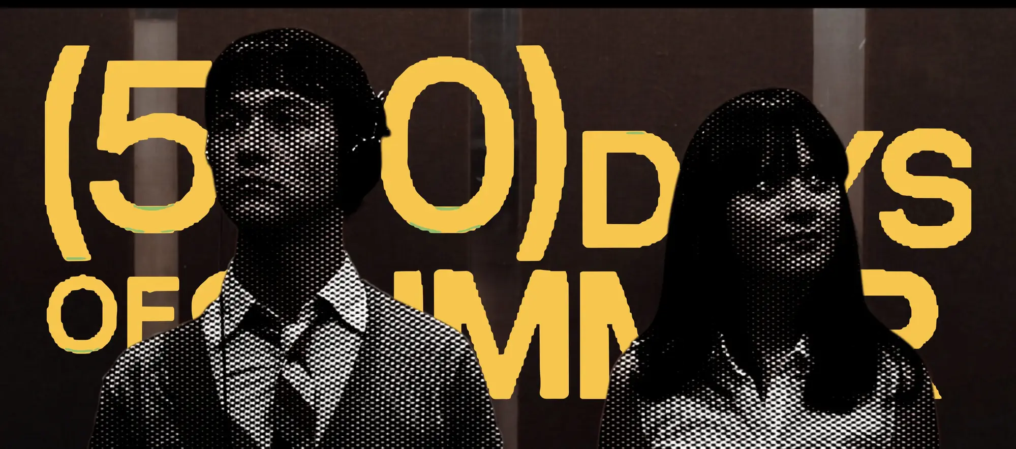 A stylized promotional image for the movie (500) Days of Summer features high-contrast halftone silhouettes of Tom Hansen (Joseph Gordon-Levitt) on the left and Summer Finn (Zooey Deschanel) on the right against a dark background. Tom wears a collared shirt, tie, and sweater vest, facing forward with a contemplative look, while Summer stands beside him with dark hair and fringe bangs, looking slightly off-camera. Bold yellow typography reading "(500) DAYS OF SUMMER" is partially overlaid behind and around both figures, rendered with a gritty, halftone dot pattern filter.