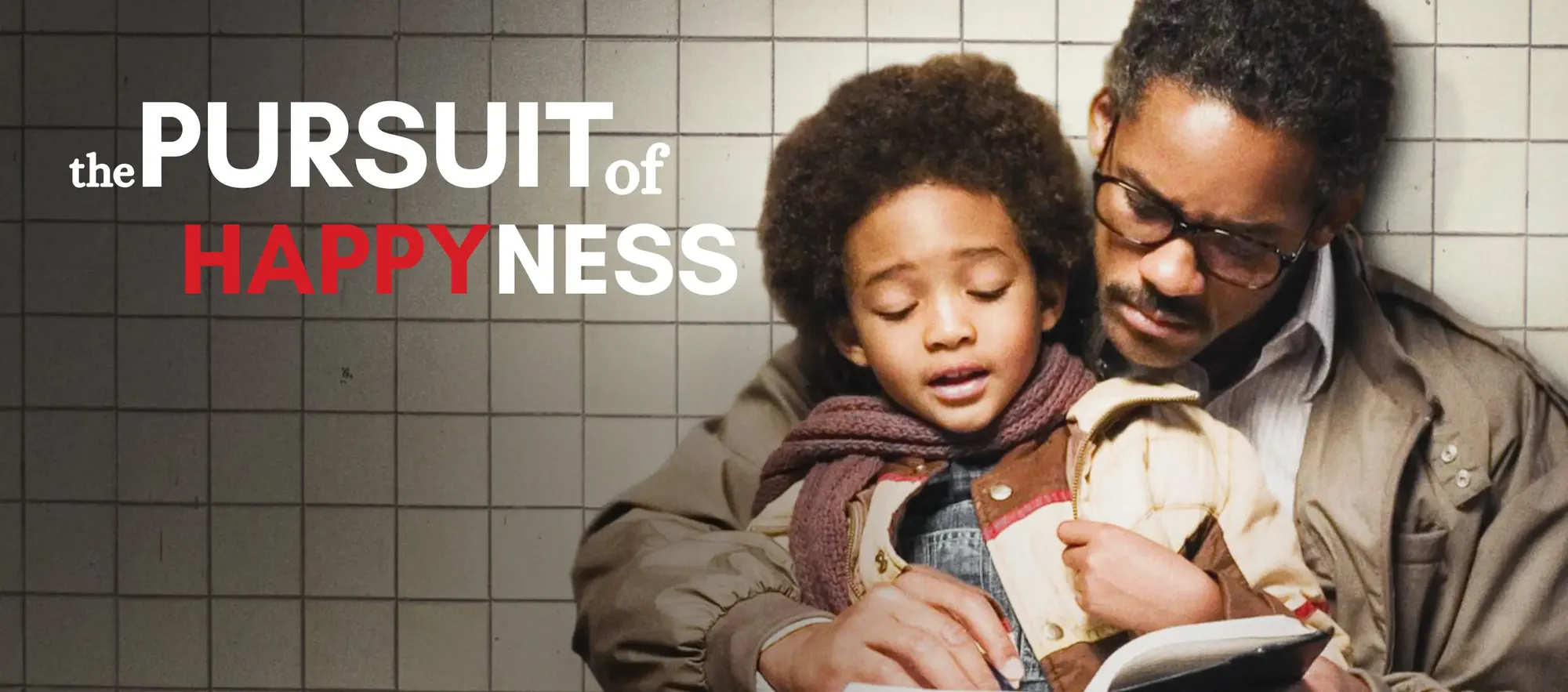 A promotional movie poster for The Pursuit of Happyness against a stark white background features Will Smith as Chris Gardner and his young son, played by Jaden Smith, sharing a tender moment. On the left, Will Smith wears a dark, professional business suit and tie while carrying a large black medical scanner case in his right hand. He smiles down warmly at his son, who leans forward playfully while holding his father's left hand. The young boy is dressed in a casual beige and brown jacket, blue jeans, and sneakers, with a dark backpack slung over his shoulders. Large text in the center reads "WILL SMITH the PURSUIT of HAPPYNESS," with the word "HAPPYNESS" highlighted in bold red lettering, followed by "in theaters Dec. 15th" and studio credits in the bottom right corner.