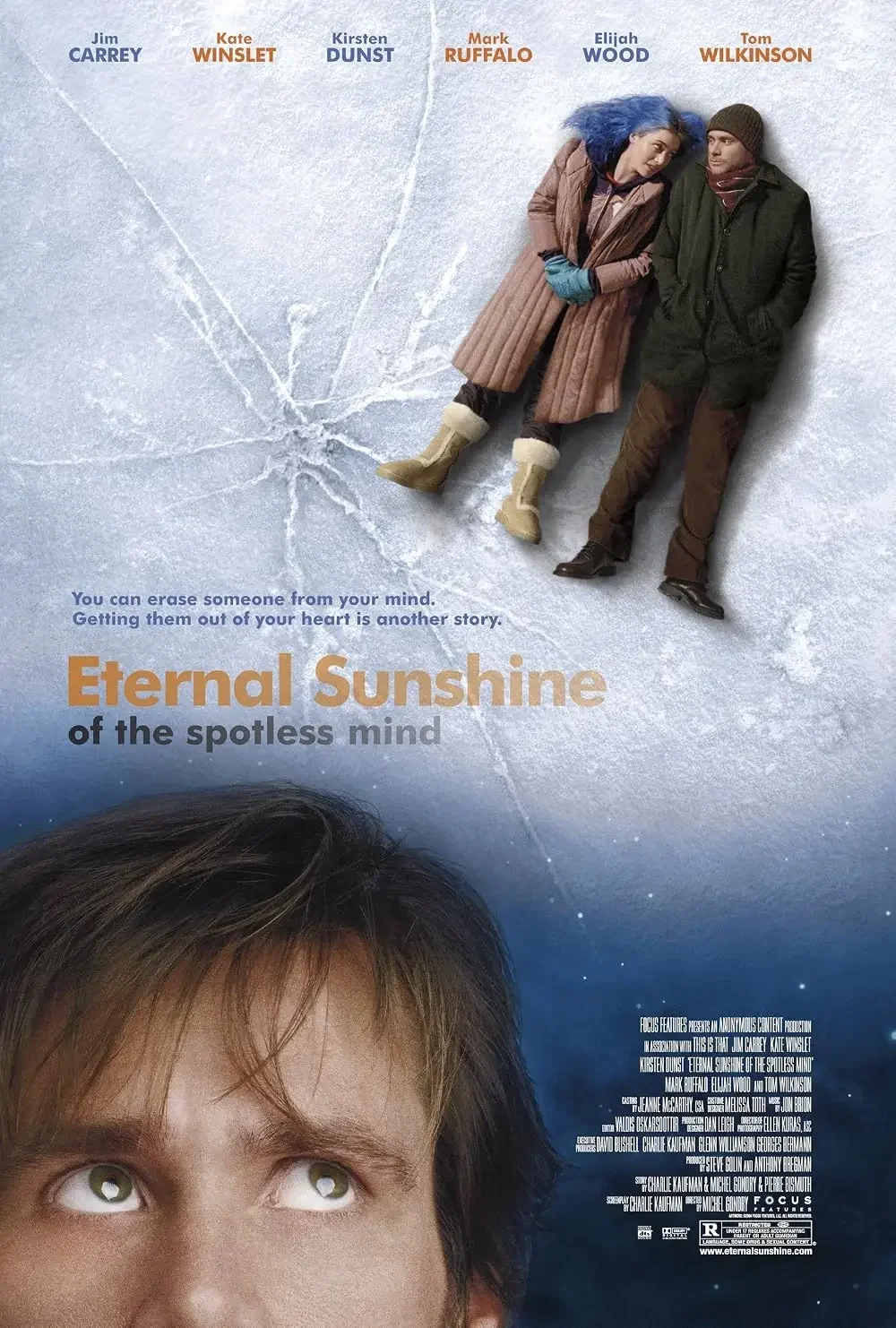 Jim Carrey as Joel and Kate Winslet as Clementine, her hair dyed bright orange, lying side by side on a frozen lake at night and looking up at the sky, in a still from Eternal Sunshine of the Spotless Mind (2004).