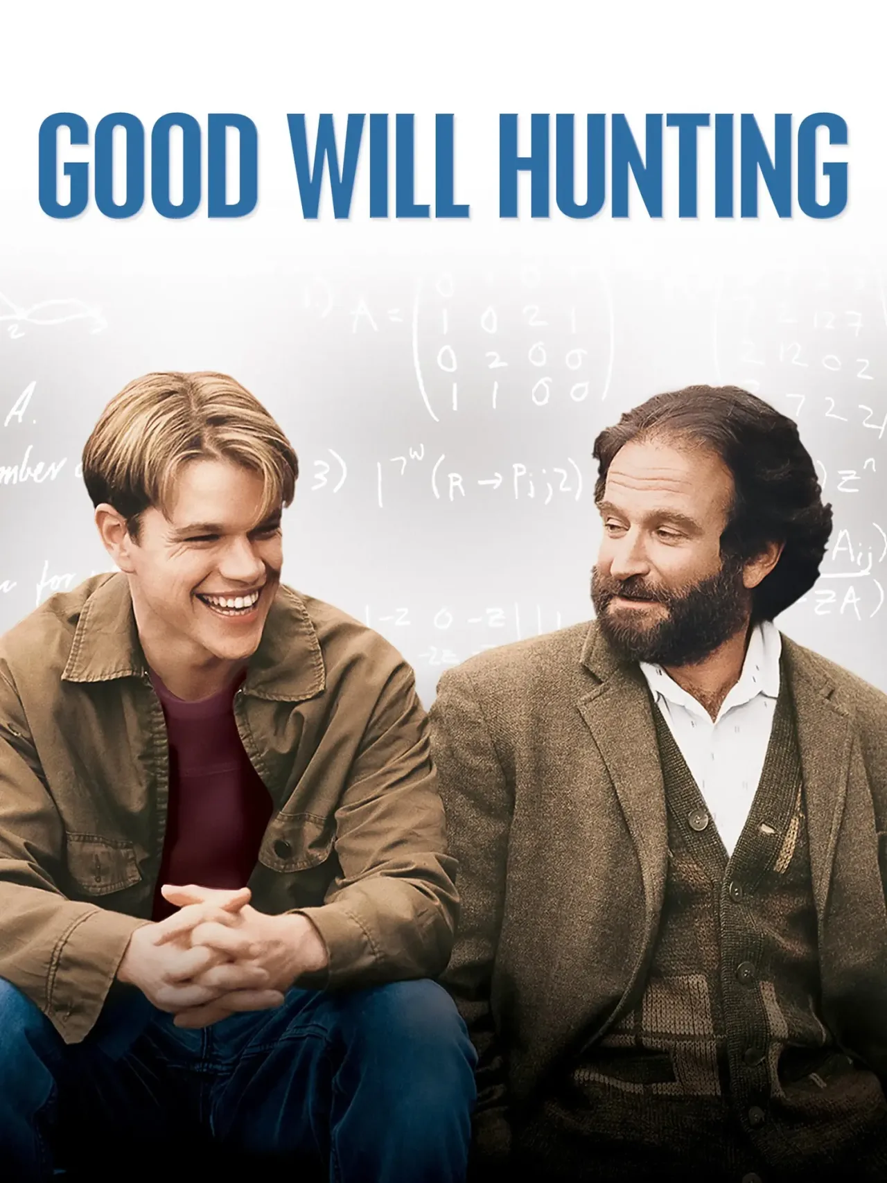Matt Damon and Robin Williams sit side by side on a wooden park bench beside a lagoon in the Boston Public Garden, in a still from Good Will Hunting (1997). Caption: Matt Damon and Robin Williams in the bench scene of Good Will Hunting.