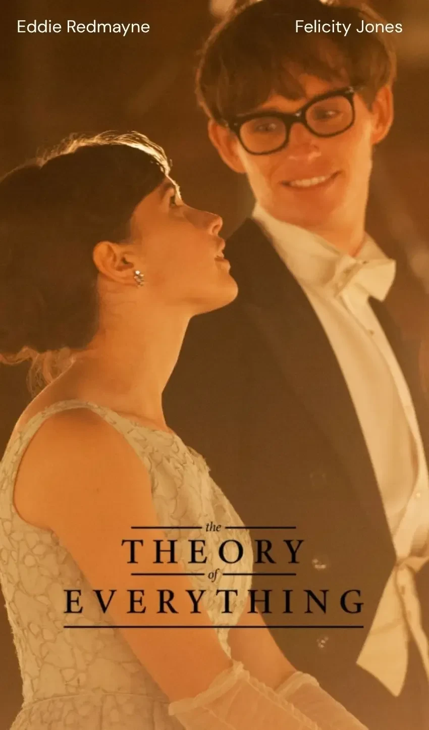 A warm-toned promotional image featuring Eddie Redmayne and Felicity Jones from the movie The Theory of Everything. Felicity Jones is seen in profile on the left wearing a light blue, sleeveless lace gown with white lace gloves and small earrings, gazing up lovingly toward Eddie Redmayne. On the right, Eddie Redmayne wears dark thick-rimmed glasses, a black tux, and a white bow tie, smiling affectionately down at her. At the top left, the text reads "Eddie Redmayne," and at the top right, it reads "Felicity Jones" in a white font. Overlaying the lower portion of the image is the title logo "the THEORY of EVERYTHING" framed by thin horizontal lines above and below.