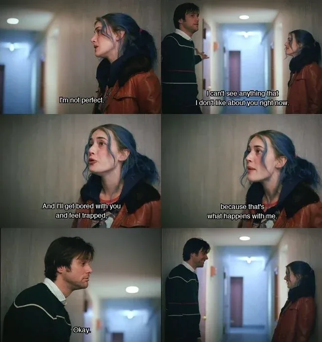A six-panel grid featuring scenes from the ending of Eternal Sunshine of the Spotless Mind shows Clementine Kruczynski (Kate Winslet) with blue-dyed hair tied back, wearing an orange leather jacket over a blue hoodie, speaking to Joel Barish (Jim Carrey), who wears a dark striped sweater over a collared shirt. In the top row, Clementine says, "I'm not perfect," while standing in a white hallway, and Joel replies, "I can't see anything that I don't like about you right now." The middle row shows close-ups of Clementine explaining, "And I'll get bored with you and feel trapped," followed by, "because that's what happens with me." In the bottom row, a close-up of Joel depicts him pausing before simply answering, "Okay," followed by a wide shot of both of them smiling warmly at each other in the corridor.