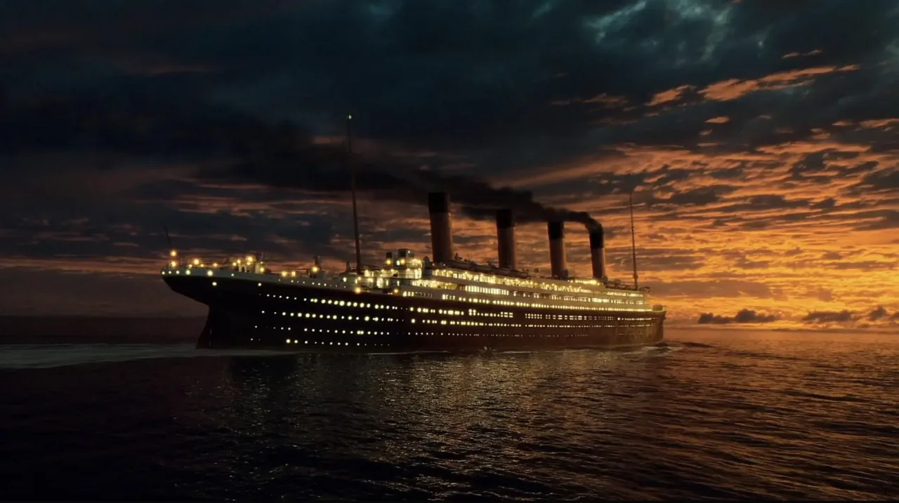 A large passenger liner, resembling the RMS Titanic, sails across a wide, calm ocean at sunset. The ship is captured from a slightly elevated side profile as it moves from left to right. It features a dark hull with rows of brightly illuminated portholes and windows casting a golden glow onto the dark water. Four large, dark funnels rise from the deck, emitting faint trails of dark smoke that drift back against a dramatic sky filled with scattered, orange-and-gold-tinged clouds. The setting sun low on the right horizon paints the sky and sea with warm, vibrant hues of orange, yellow, and deep amber, contrasting with the dark blue and gray storm clouds gathering above.