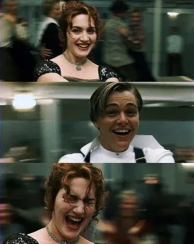 A three-panel vertical collage from the 1997 film Titanic features Rose DeWitt Bukater, played by Kate Winslet, and Jack Dawson, played by Leonardo DiCaprio, spinning joyfully during the third-class party scene. In the top panel, Kate Winslet as Rose grins widely at the camera, wearing an elegant black beaded dress and a silver necklace, her red hair styled in loose curls. The middle panel captures a laughing Leonardo DiCaprio as Jack, looking upward with wide eyes and an open smile, wearing a white shirt with suspenders. The bottom panel shows a close-up of Rose laughing uproariously with her eyes tightly shut as they spin rapidly, creating a motion blur in the background.